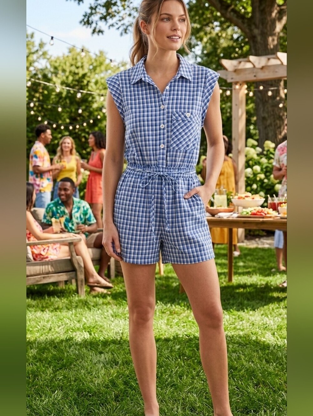 Zara Blue and White Gingham Button-Up Tie-Waist Romper